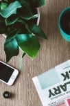 Top view of a wooden table with a green plant, a white smartphone, a teal coffee mug, and a folded newspaper